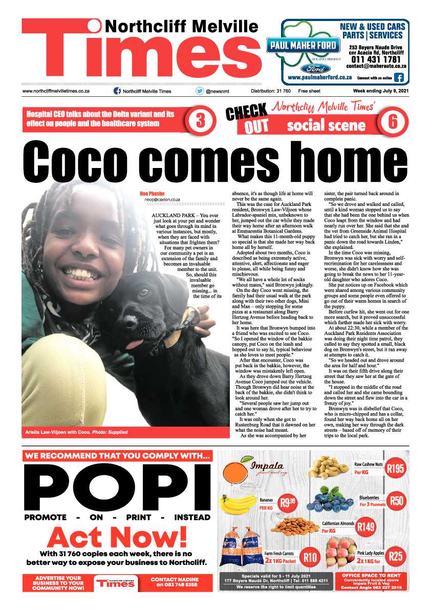 Northcliff Melville Times 09 July 2021 page 1